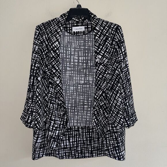 Calvin Klein Blazer Jacket Size 14 Women Open Front Black White Check 3/4 Sleeve - Picture 10 of 10